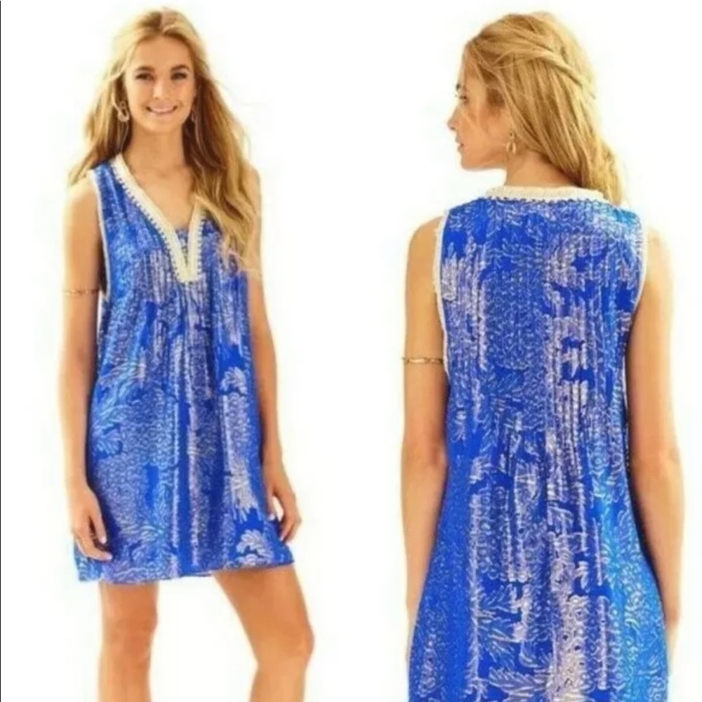 Lilly Pulitzer Blue & Gold Tanner Silk Dress, Pineapple Clip Chiffon